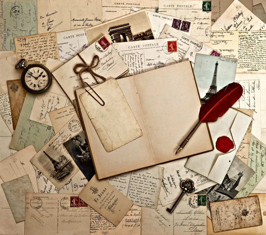 empty open book, old accessories and post cards. sentimental vintage background