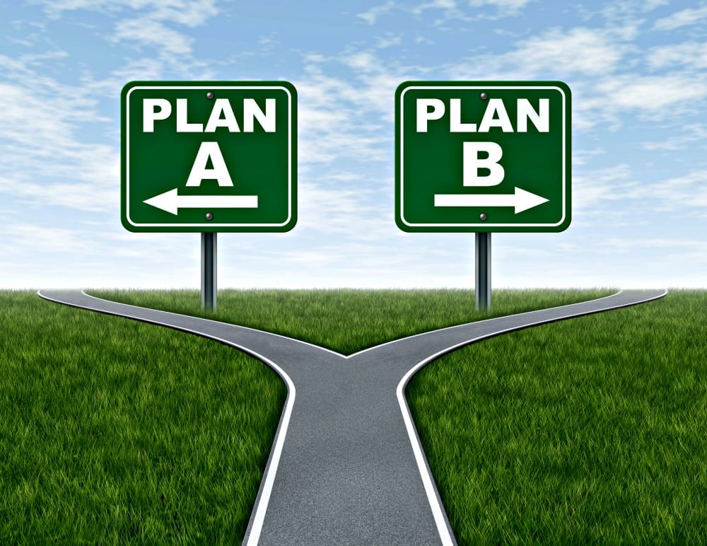 How Do You Plan For Security? Cross roads with plan A plan B road signs business symbol represnting the difficult choices and challenges when selecting the right strategic path to take on a