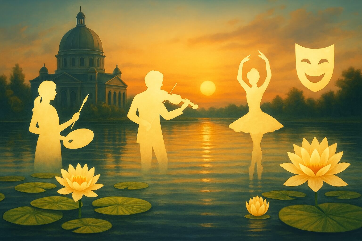 You Can’t Call a Country ‘Developed’ If It Doesn’t Invest in the Arts A serene sunset scene over a classical outdoor amphitheater surrounded by lush greenery and blooming flowers, symbolizing the cultural and societal value of supporting the arts in a developed country.