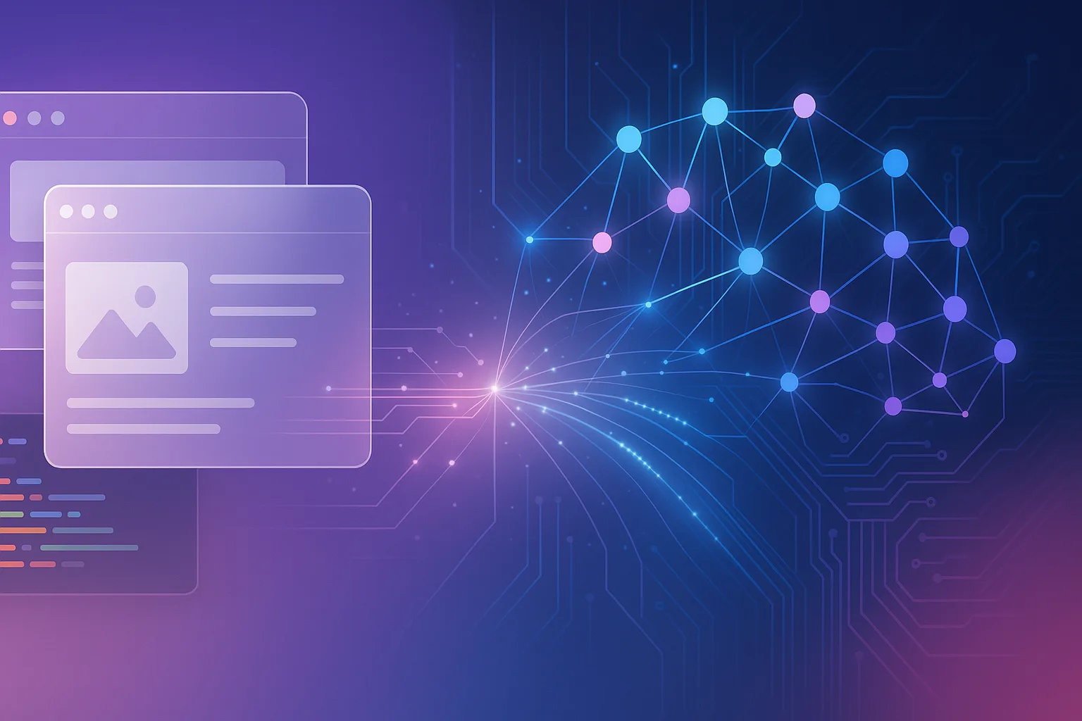 Website icon and AI brain connecting with glowing lines, purple and pink gradient background, modern tech aesthetic, professional business style, futuristic design