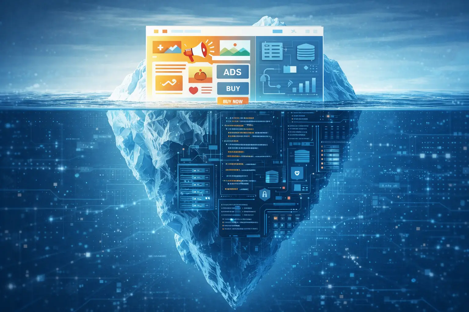 A conceptual hero banner featuring a large digital iceberg floating in cyberspace—only the tip above water shows sleek marketing visuals and messaging, while the vast structure below reveals complex code, servers, APIs, performance graphs. Above and below are visually distinct but connected. Cool blue and white tones, minimalistic lighting, strong visual metaphor.