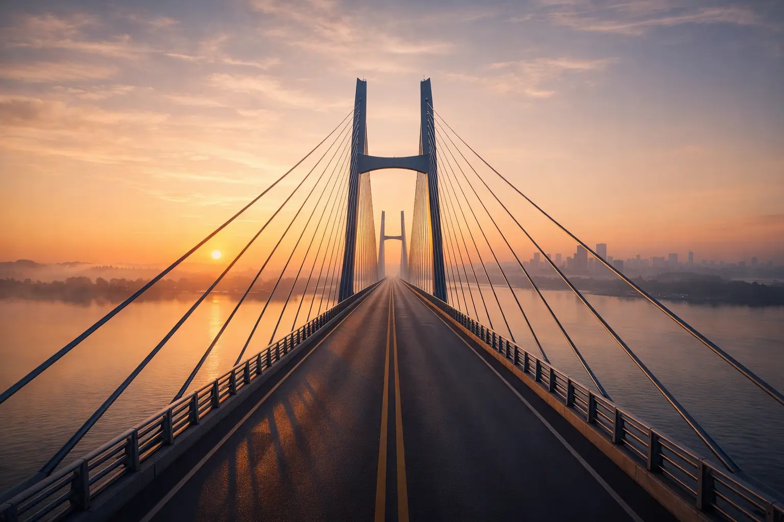 A photographic image of a wide modern suspension bridge at sunrise, steel blue and warm golden tones, viewed from a centered symmetrical perspective, stretching confidently across calm water toward the horizon.
