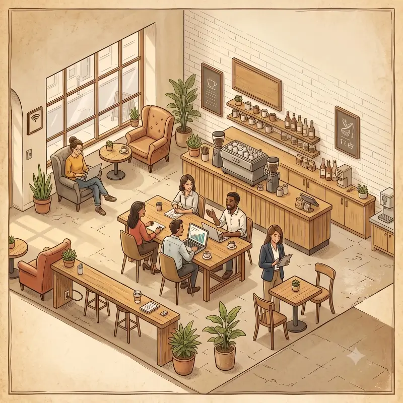 Small team working together, person updating laptop cafe, confident professional tablet, small business owner computer